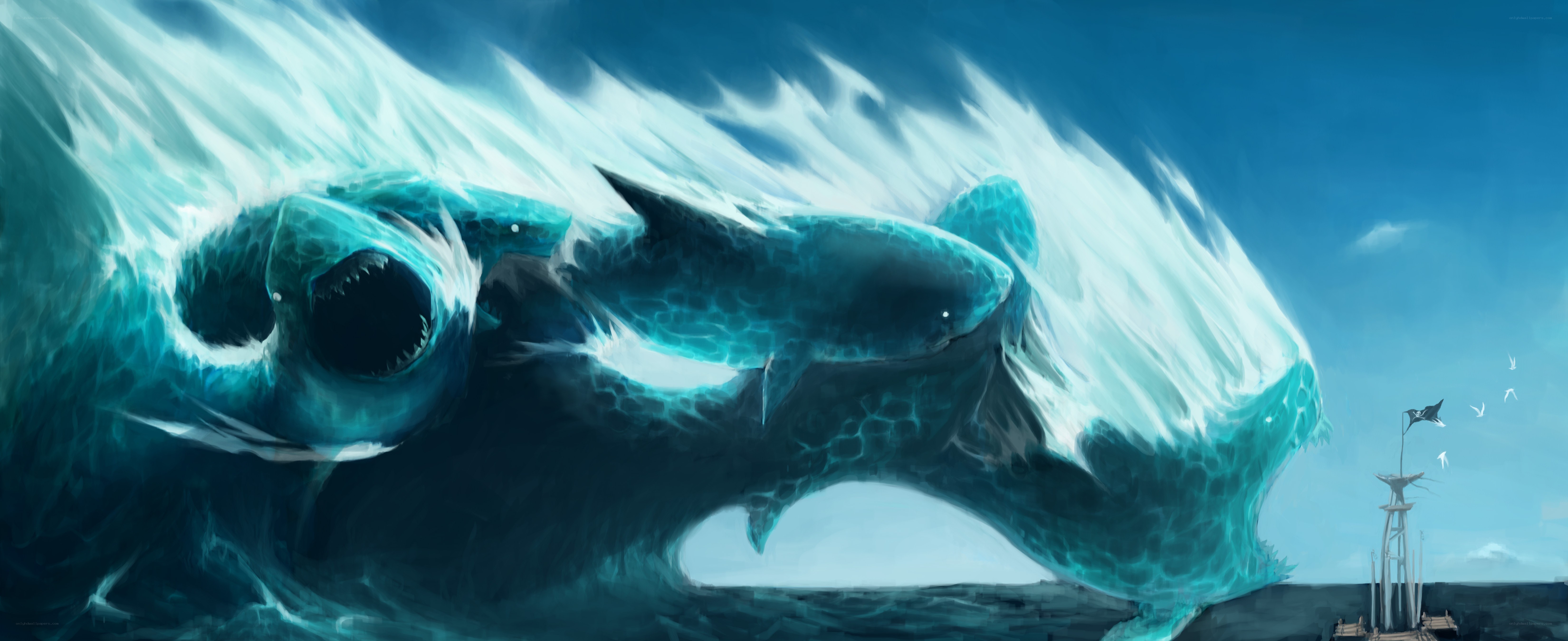 Giant shark in a stormy wave
