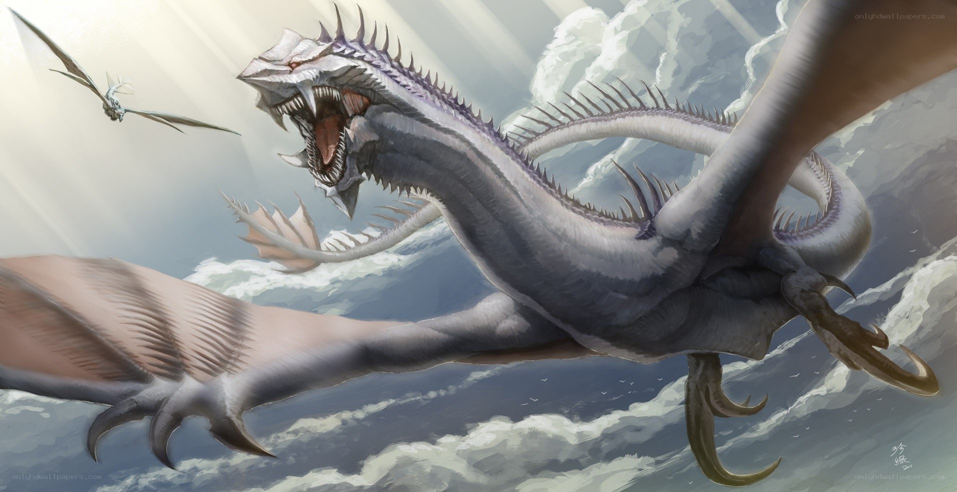 Giant silver dragon in flight