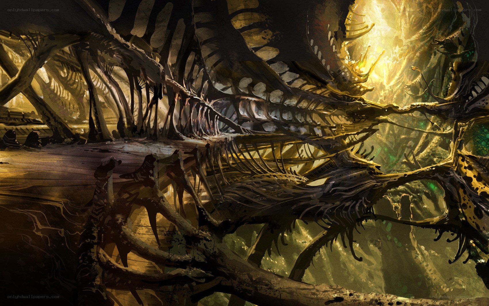 Giant skeletal creature in cavern