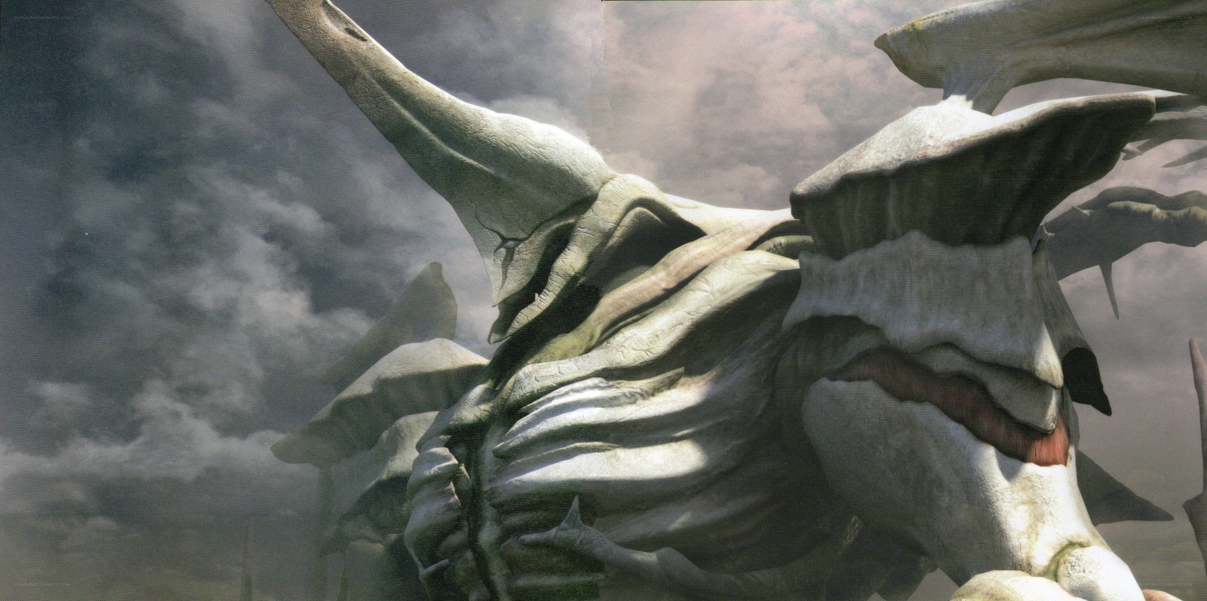 giant skeletal creature in storm