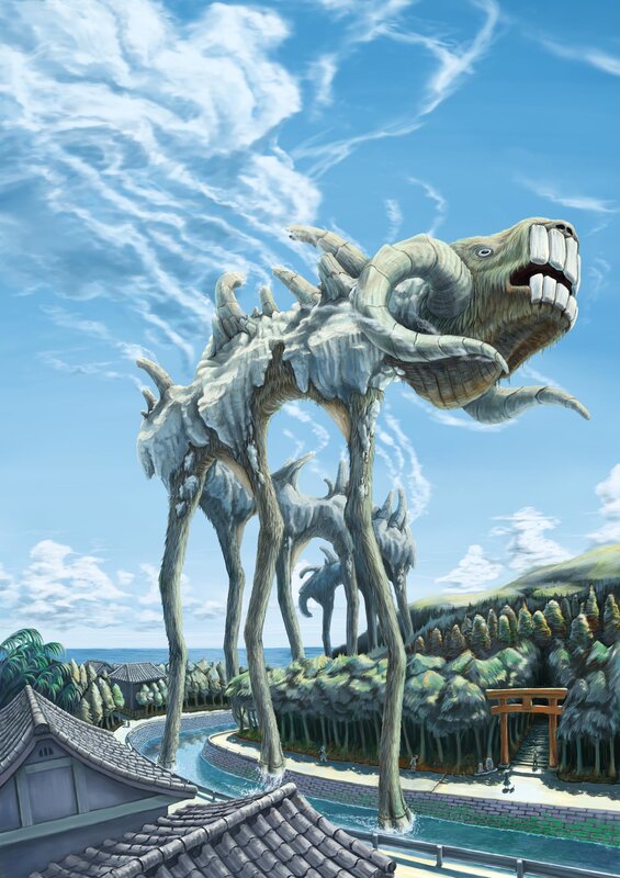 Giant skeletal creature near village
