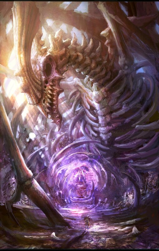 giant skeletal dragon in purple tunnel