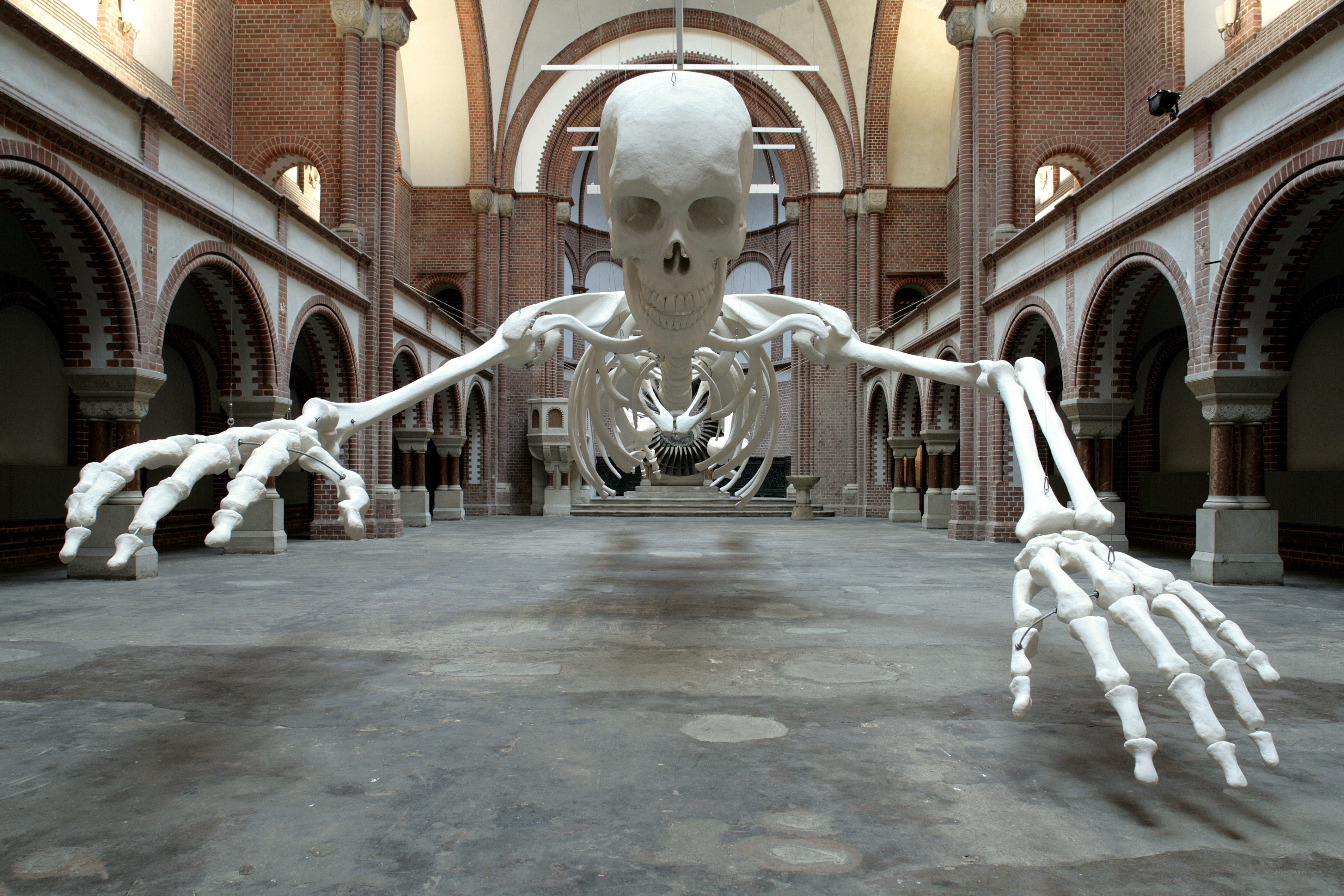 Giant skeleton sculpture in hall