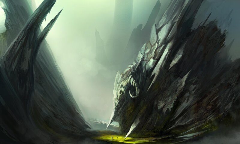 giant skull in a misty canyon