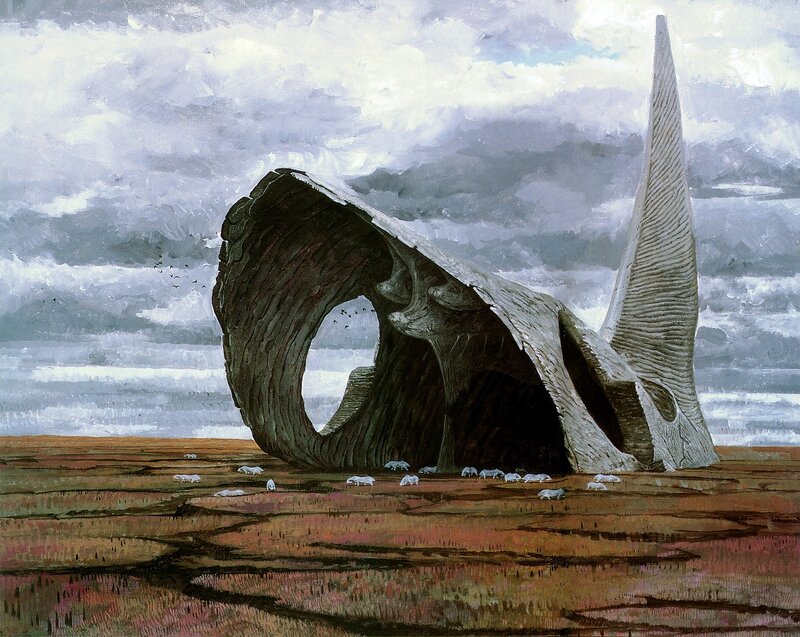 Giant skull in barren landscape