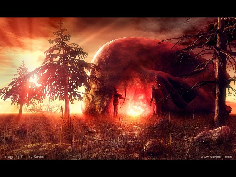 Giant skull in fiery landscape