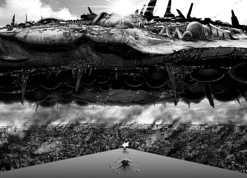 Giant Spaceship over City — Black, Dramatic