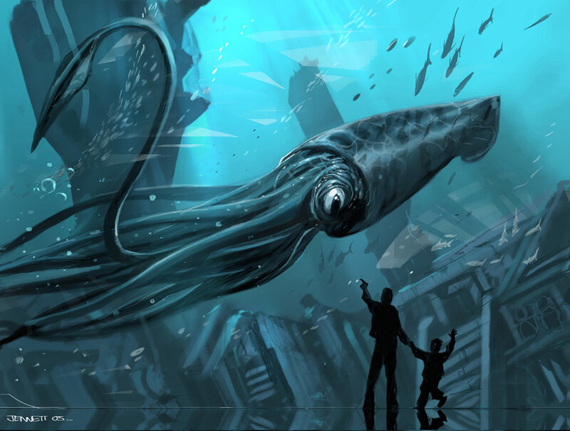 giant squid in sunlit ruins
