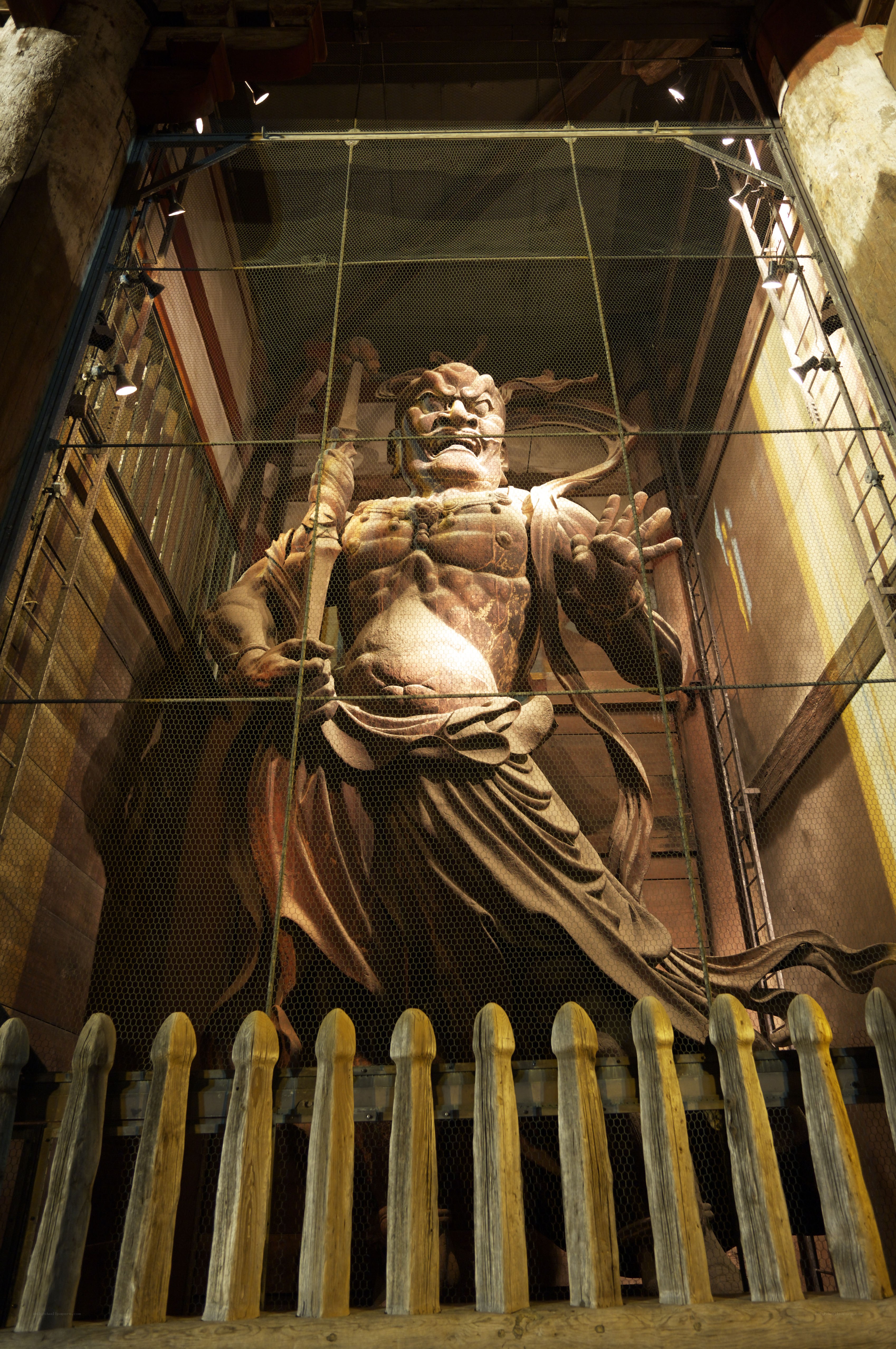 Giant statue behind mesh fence