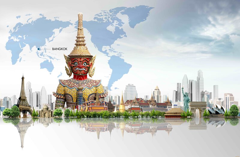 Giant Statue in Cityscape