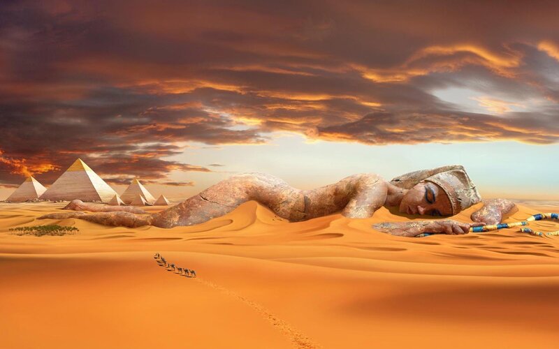 Giant Statue in Desert — Orange, Dramatic, Sunset, Digital Art