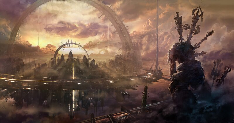 Giant Statue Overlooking City — Orange