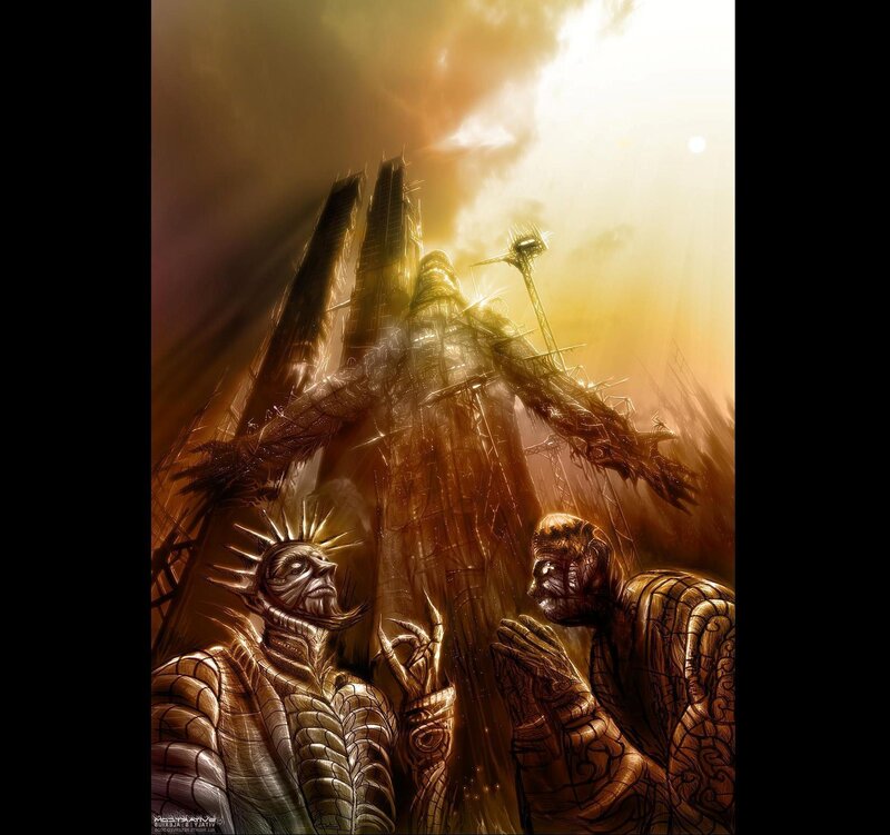 giant statue with worshippers