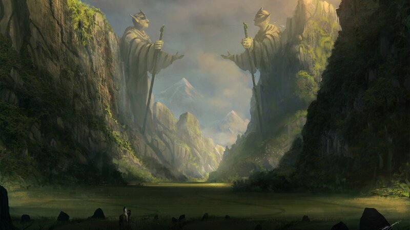 Giant Statues in Canyon — Green, Serene