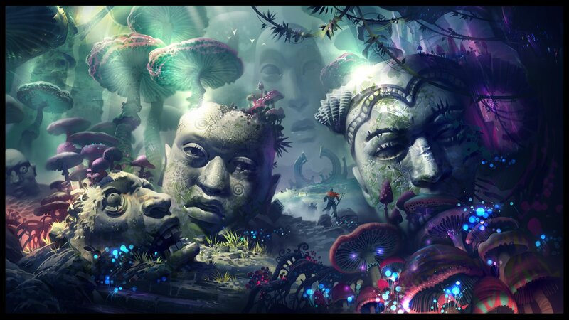 Giant Stone Faces in Forest — Green