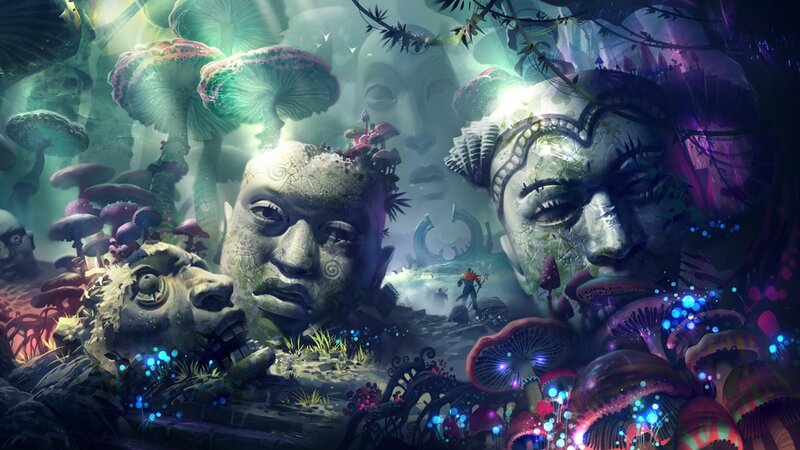 Giant Stone Faces in Forest