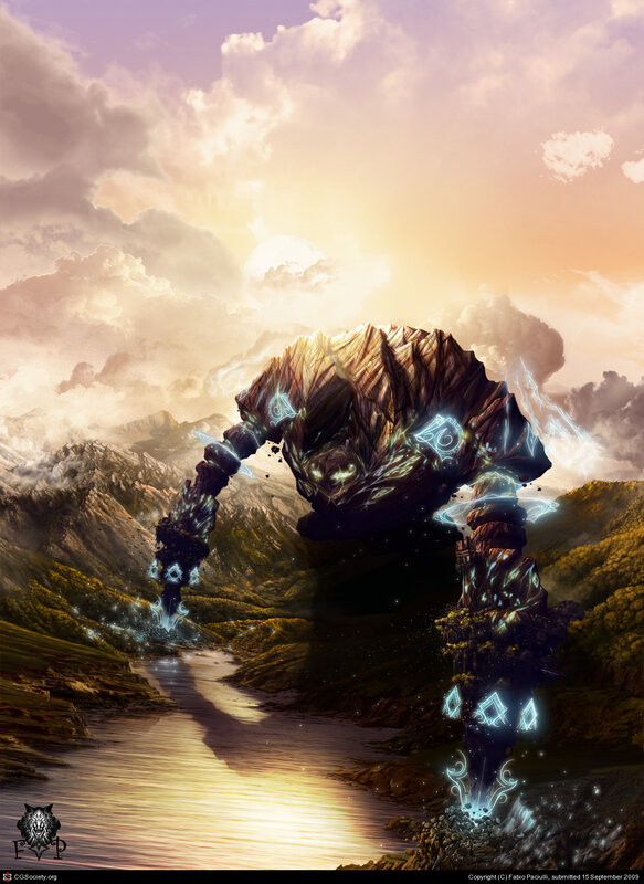 giant stone golem in a valley