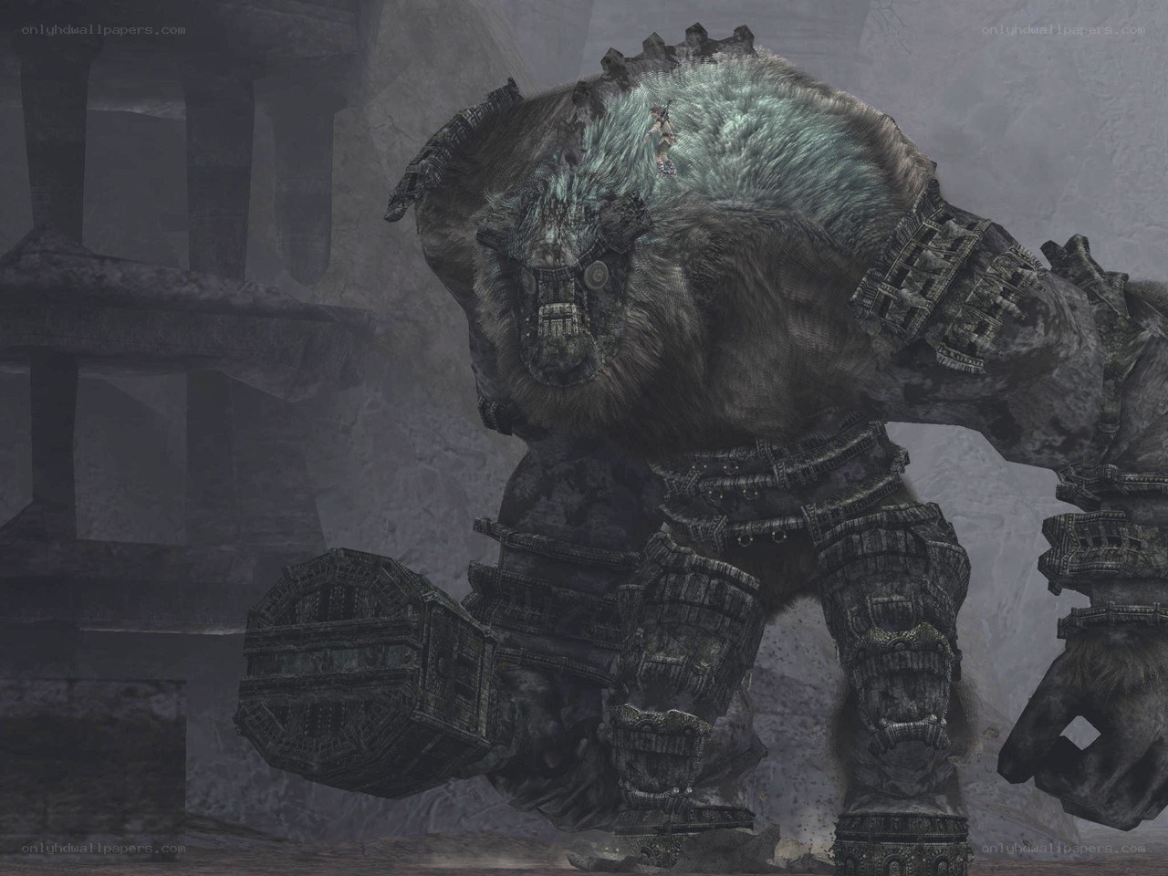 giant stone golem in ruins