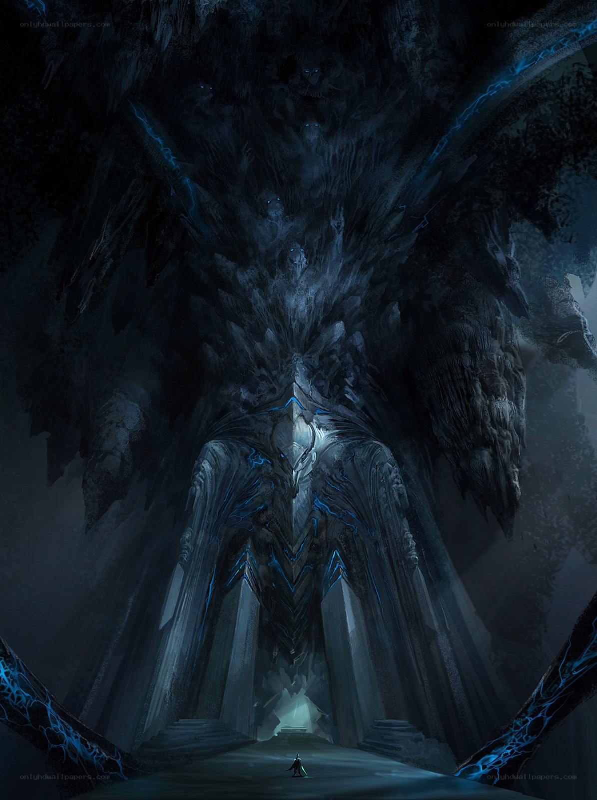 Giant stone guardian in a dark cavern
