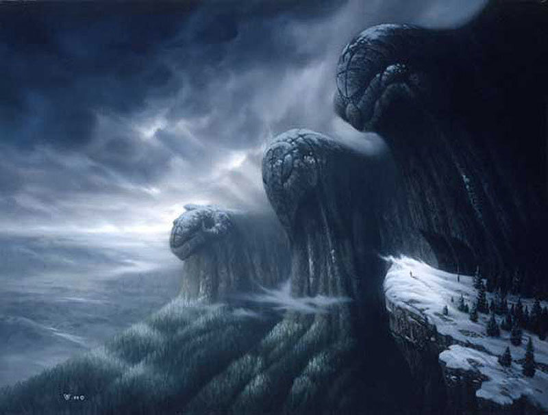 Giant stone heads in a storm