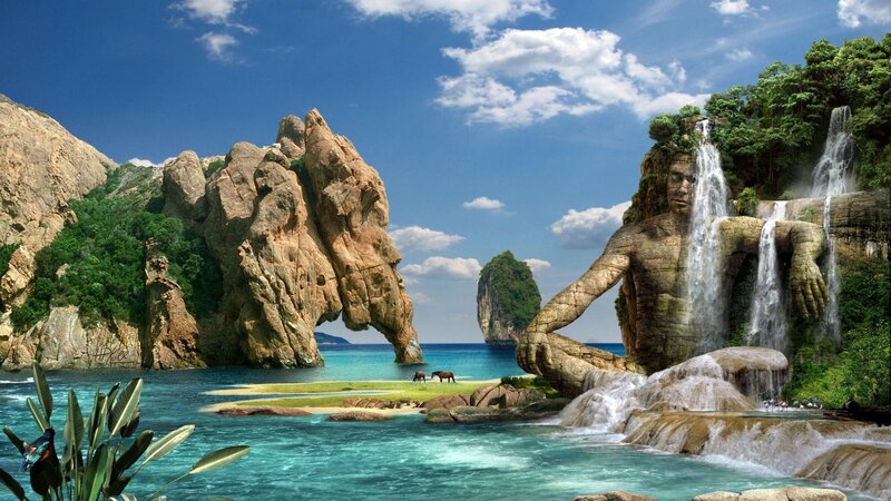 giant stone man waterfall landscape