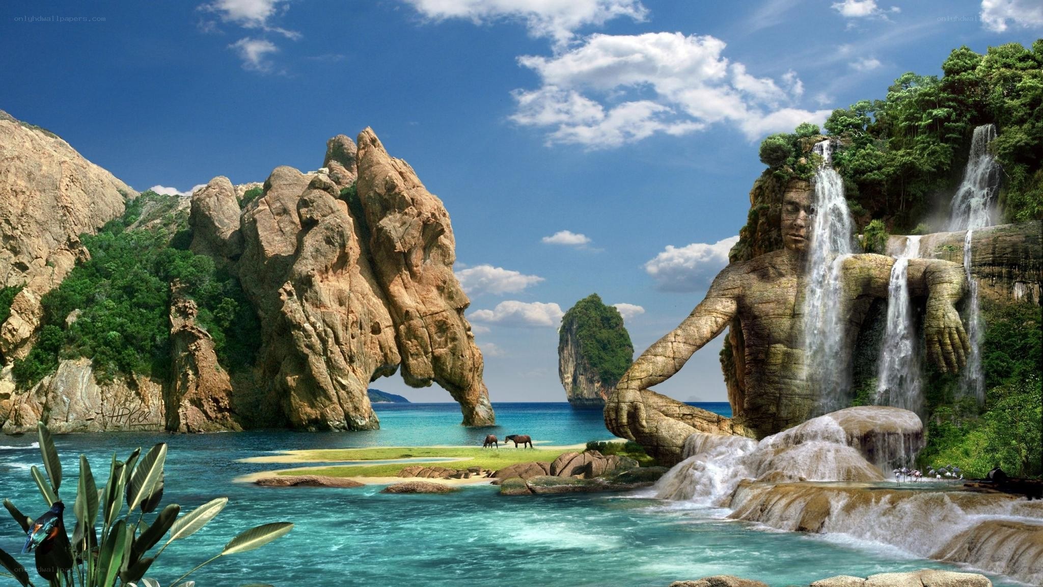 giant stone man waterfall landscape