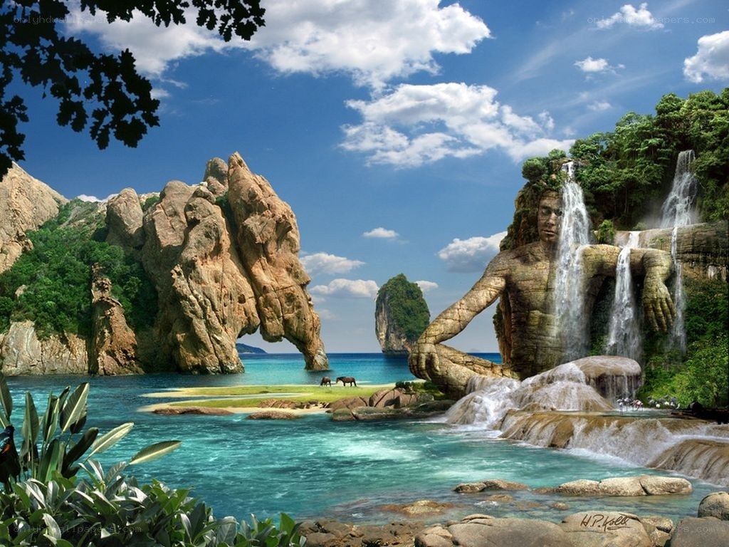 Giant stone man with waterfall