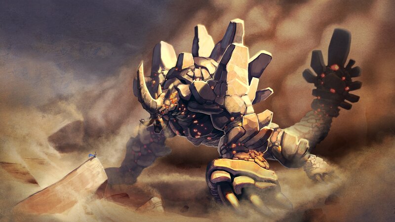 Giant Stone Monster — Brown, Dramatic, Digital Art, Dust Storm, Small Figure