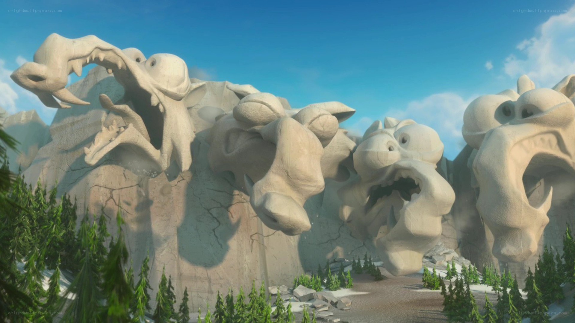 giant stone monster faces