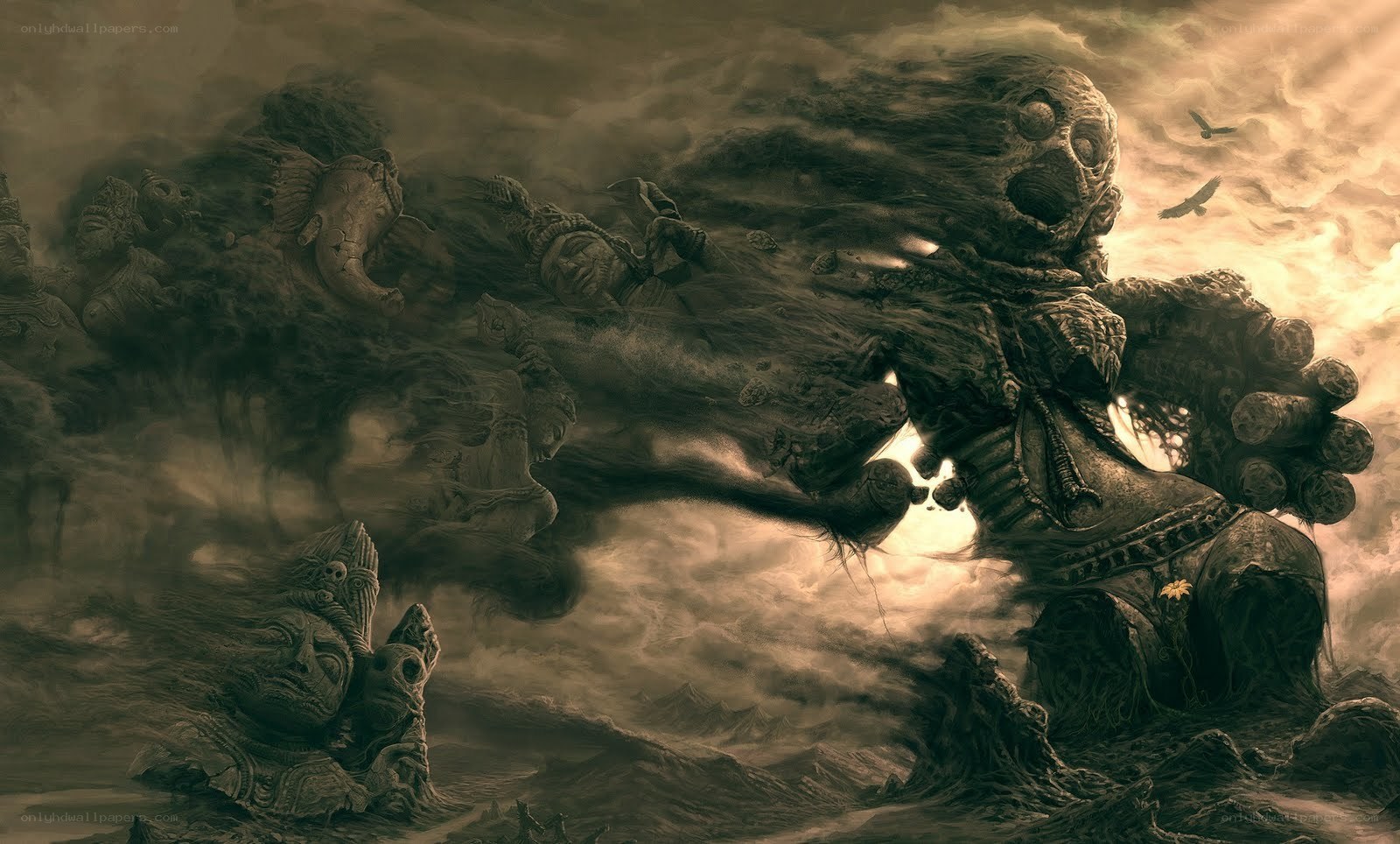 giant stone monster in storm