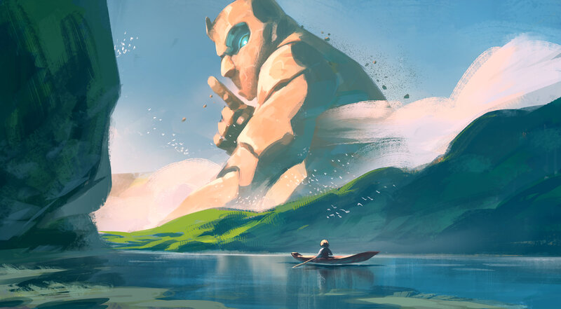 Giant Stone Statue — Blue, Dramatic