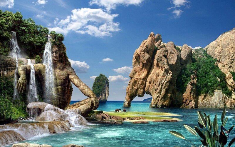 Giant Stone Statue with Waterfall