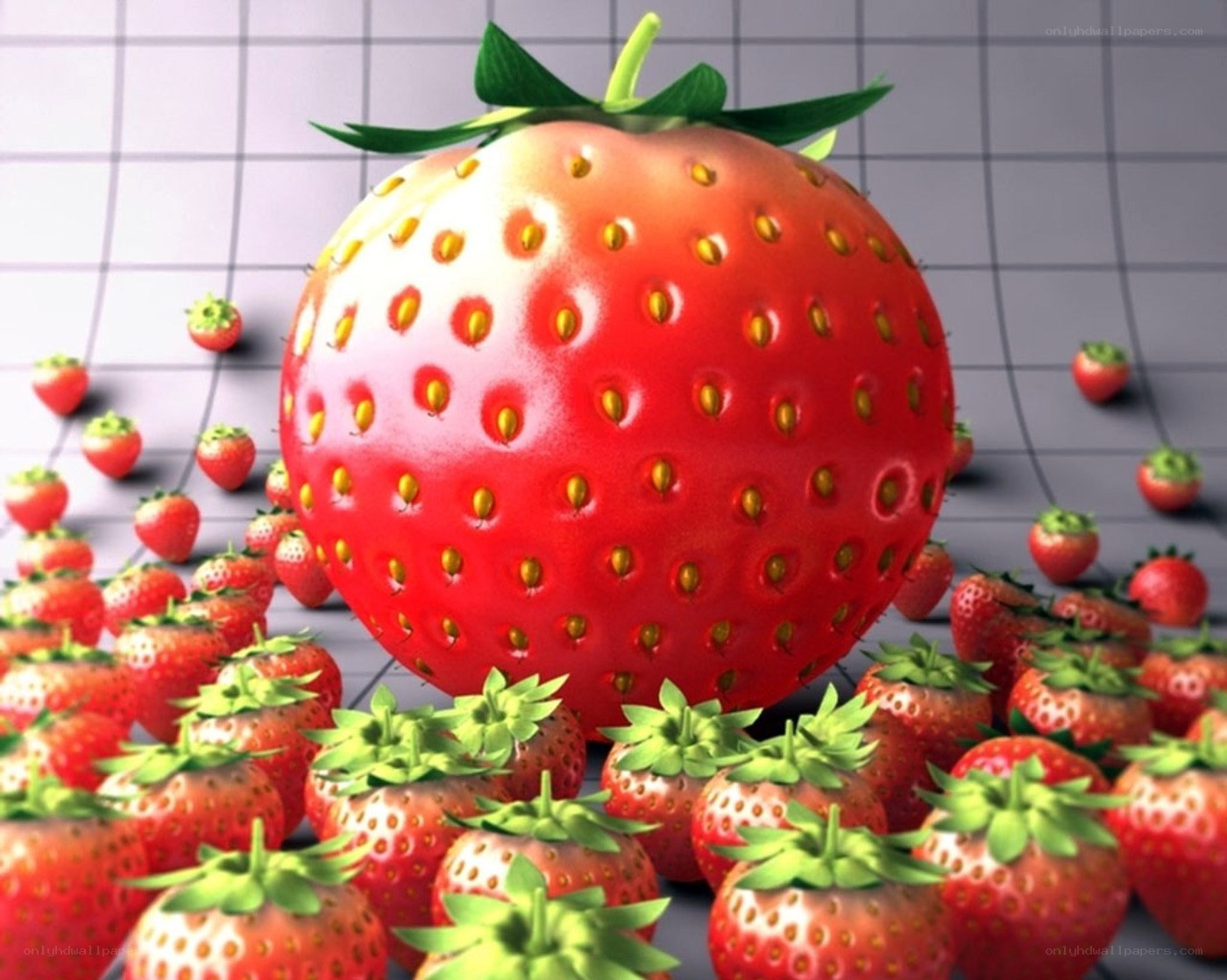 giant strawberry surrounded by small ones