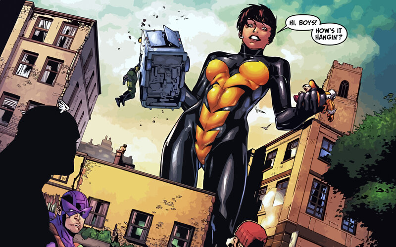 giant superhero in city