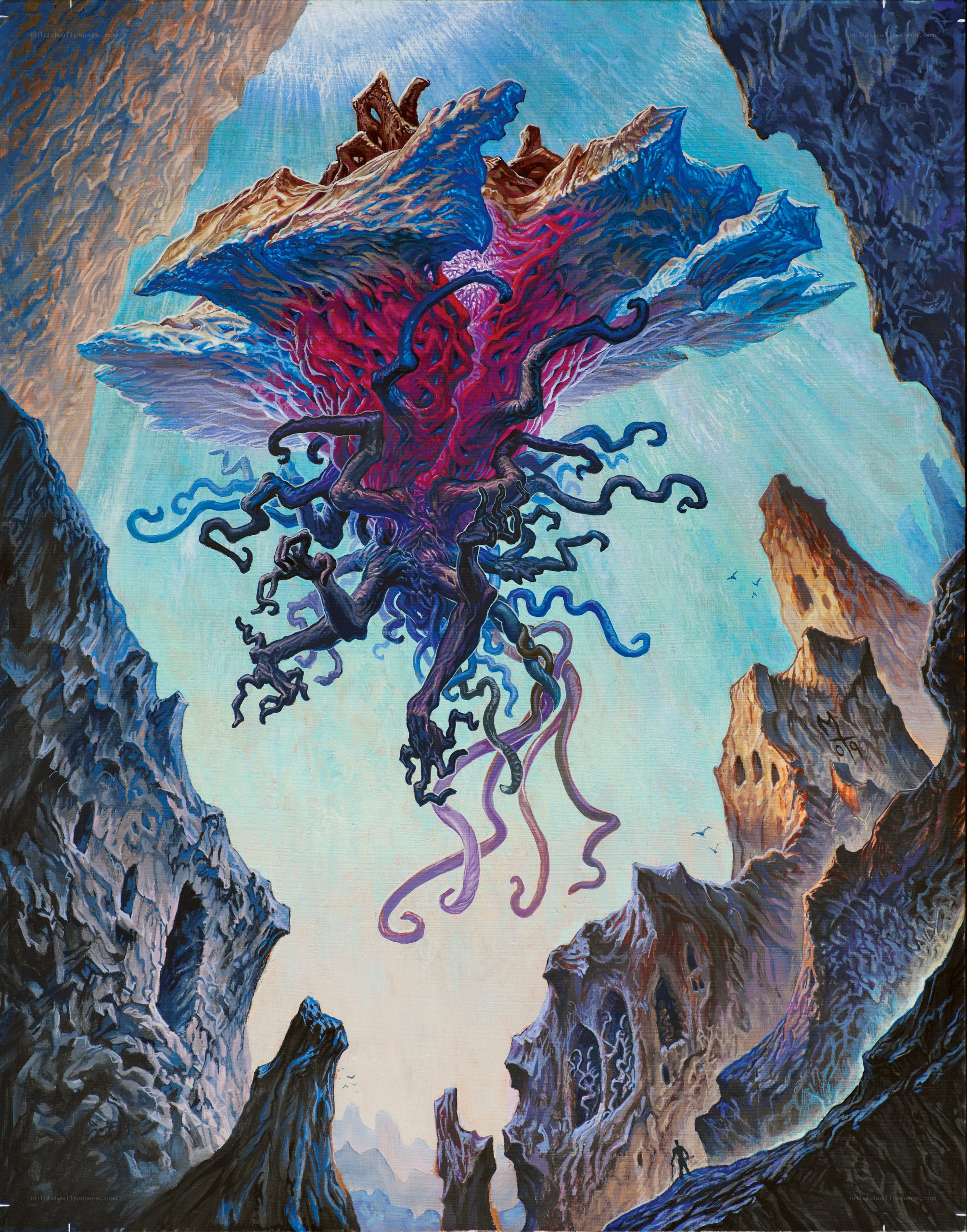 Giant tentacled creature in canyon