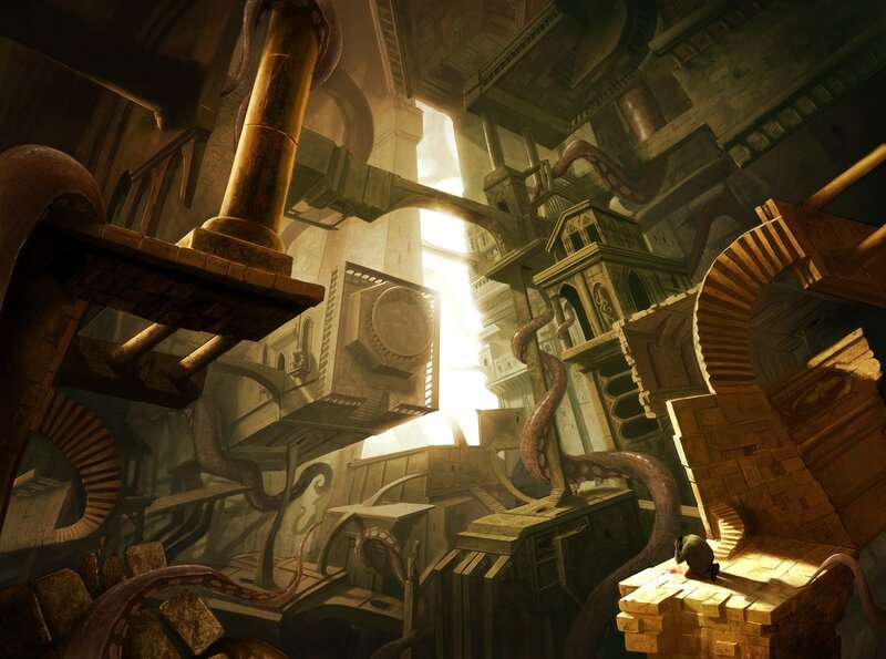 Giant Tentacles in Ruins — Brown, Dramatic, Digital Art, Light