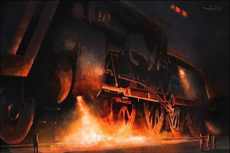 Giant train engine with fire