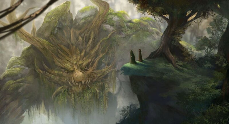 Giant Tree Creature — Green, Dramatic, Digital Art, Forest, Cliff