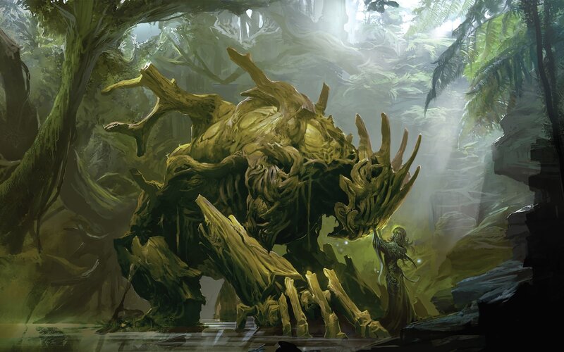 Giant Tree Creature — Green, Dramatic, Digital Art, Forest, Figure, Light Beams