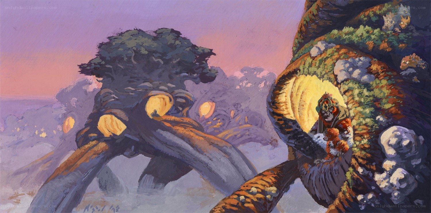 Giant tree creatures in a fantasy landscape