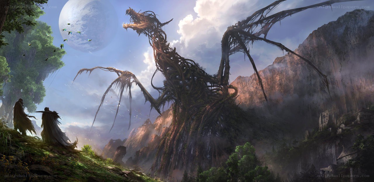 Giant tree dragon in alien landscape