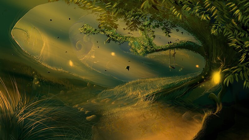 Giant Tree in Forest — Green, Serene, Night