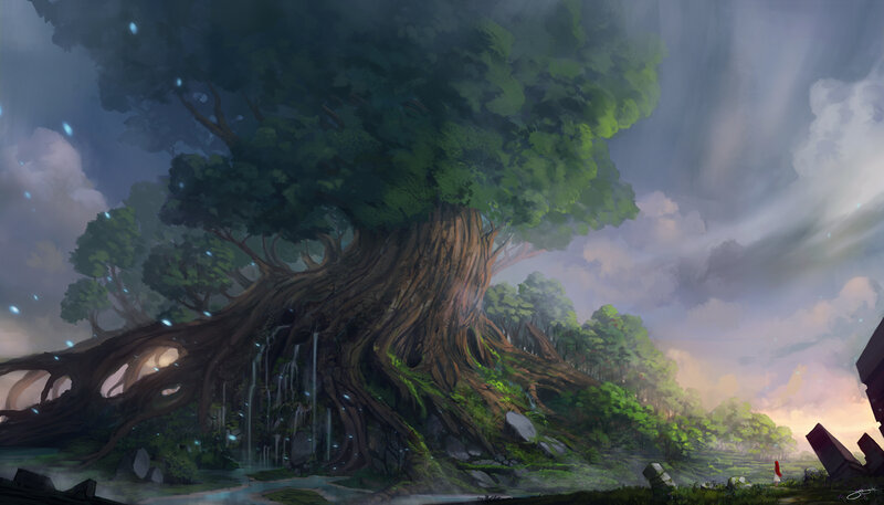 Giant Tree in Forest — Green, Serene, Sunset
