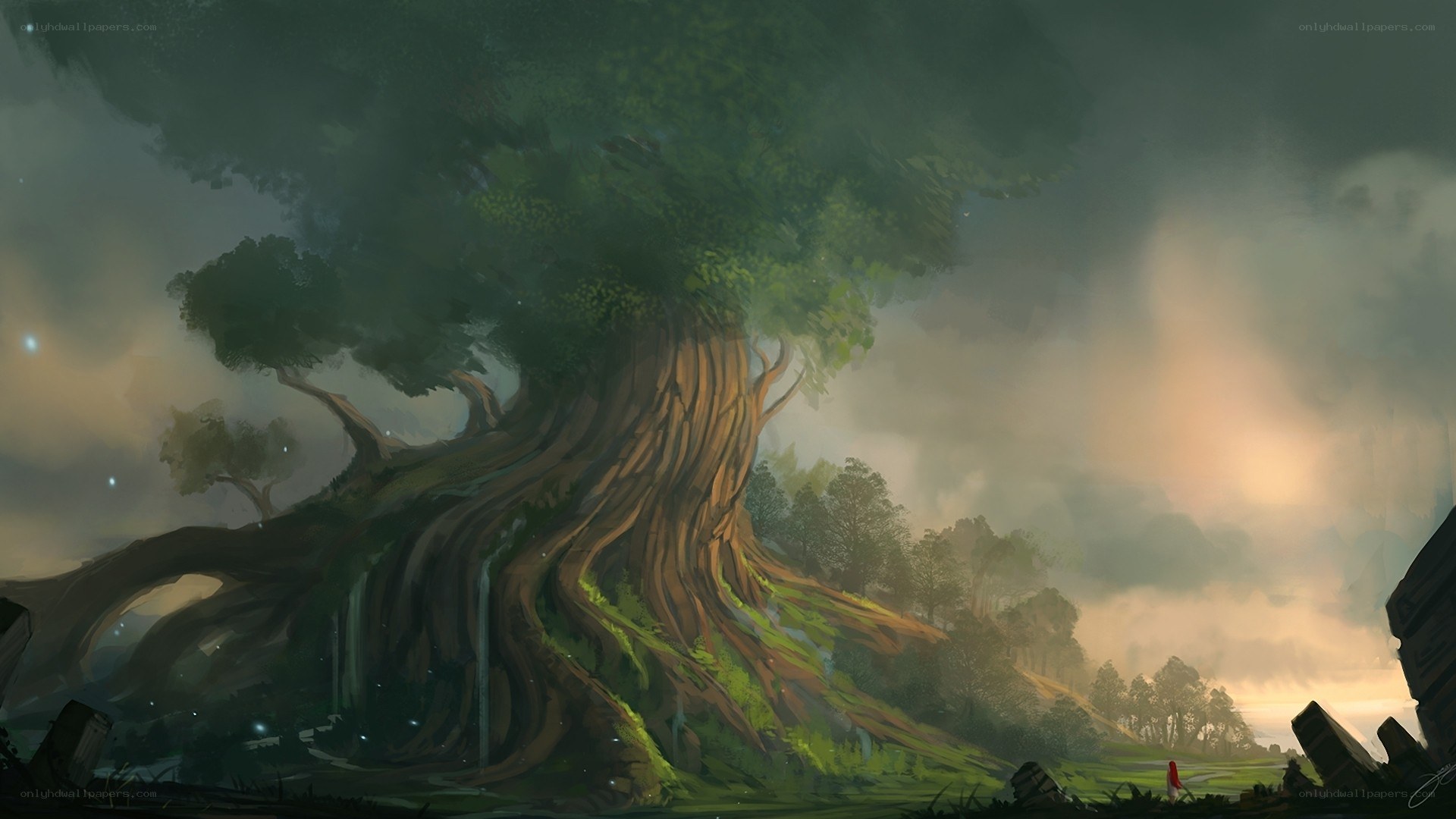 giant tree in misty landscape