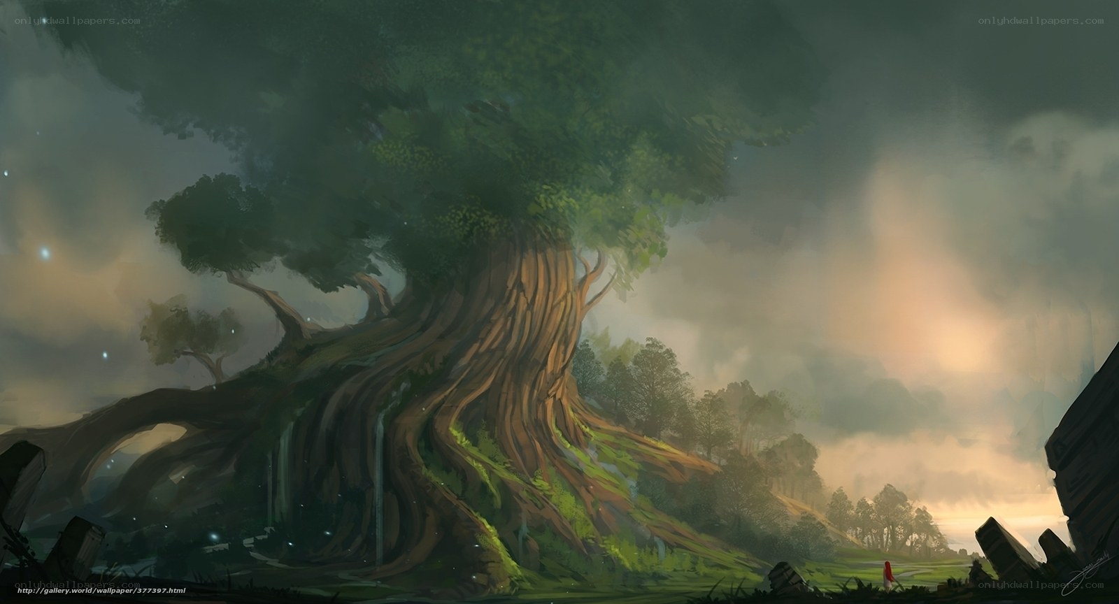 Giant tree in misty landscape