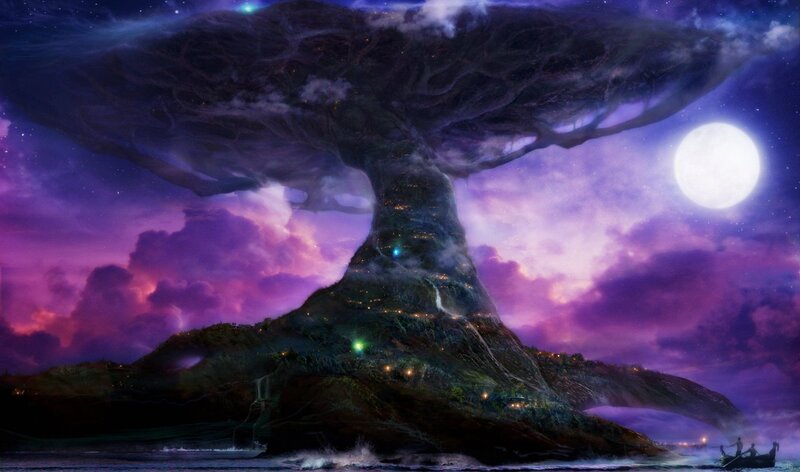 Giant Tree Island — Purple, Dramatic, Night, Digital Art, Moon, Boat