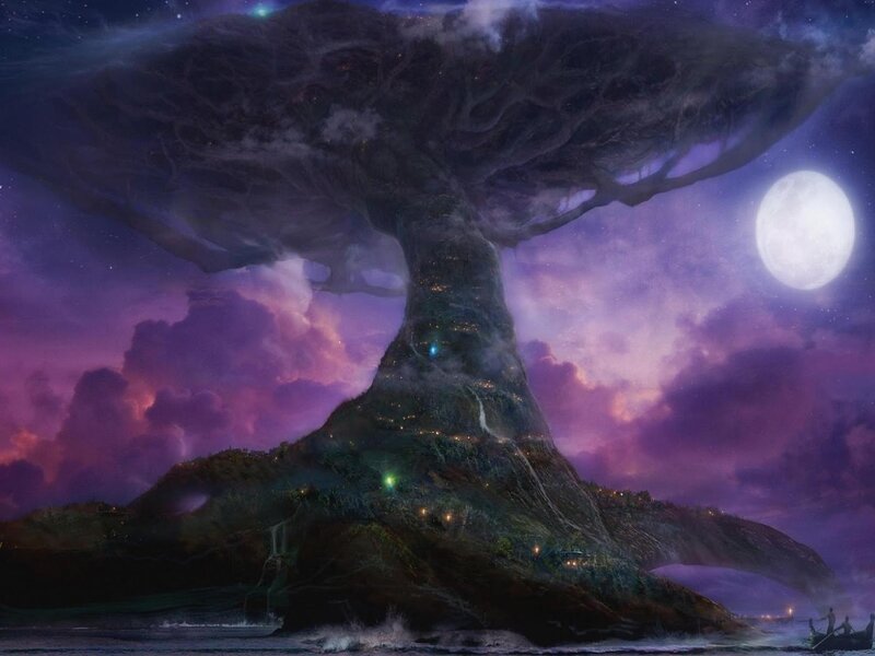 Giant Tree Island — Purple, Dramatic, Night, Digital Art