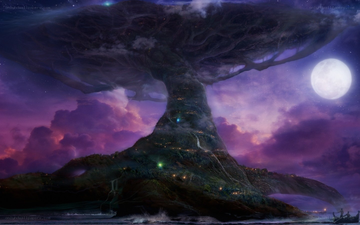 giant tree island under moonlight