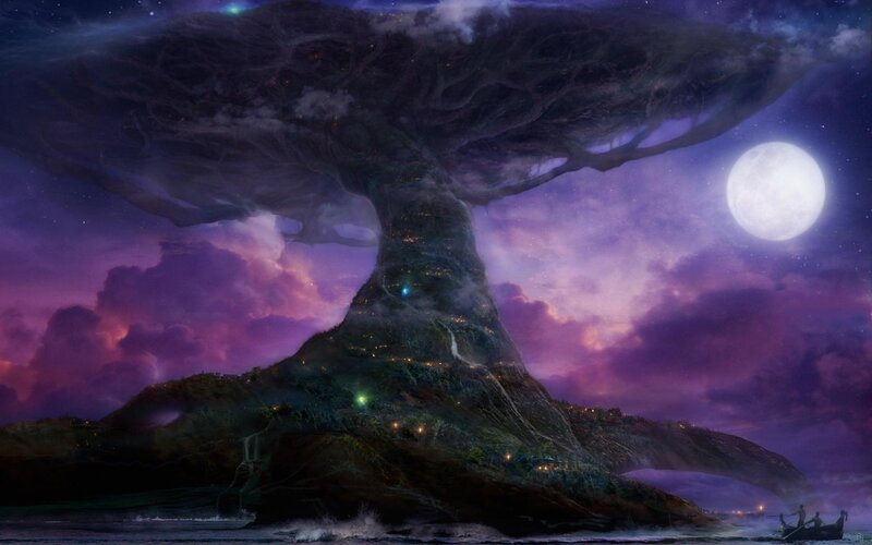 giant tree island under moonlight