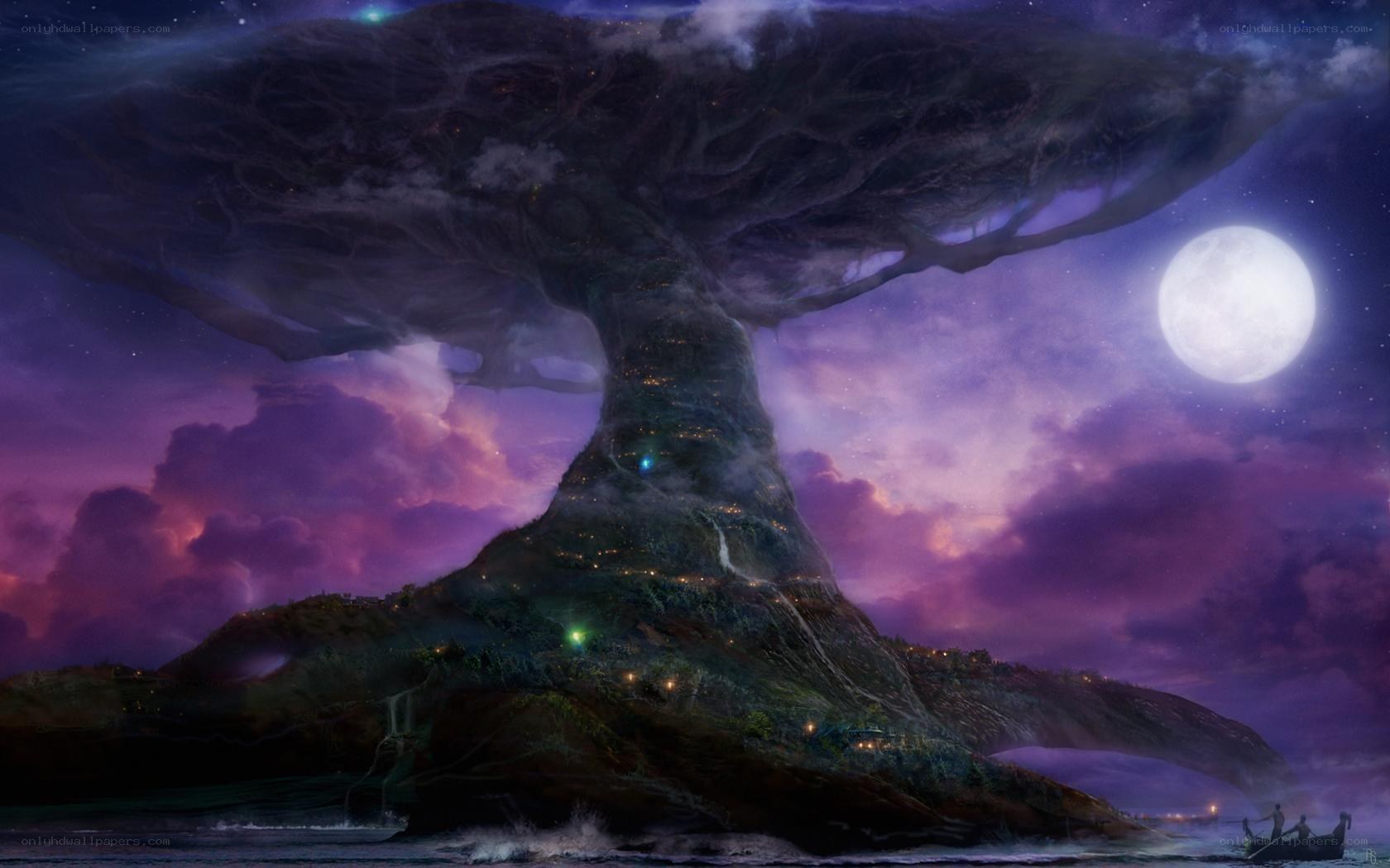 giant tree island under moonlight
